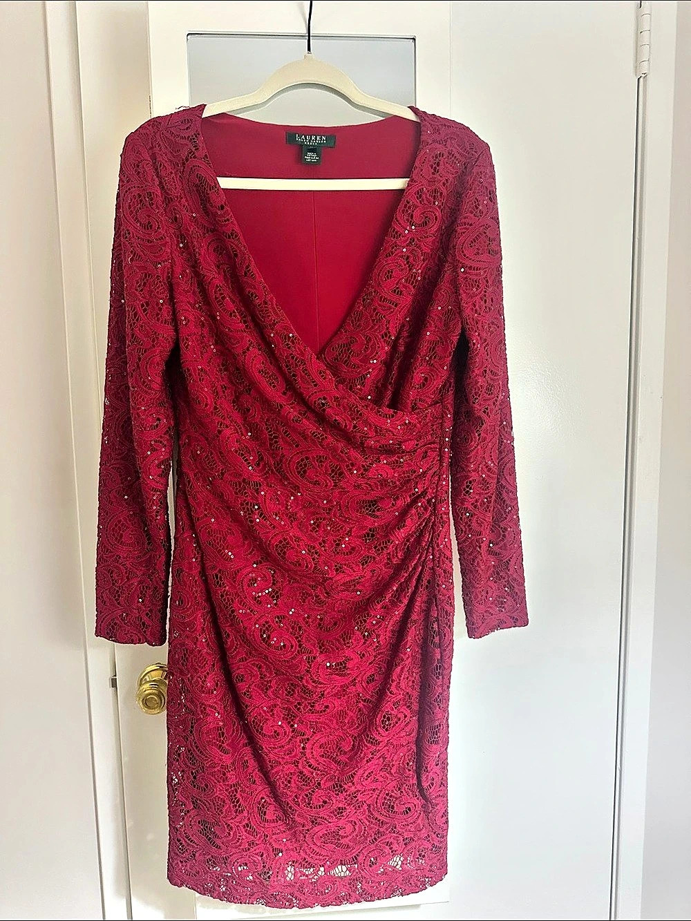 Lauren Ralph Lauren Sequin Lace Long-Sleeve Faux-Wrap Sheath Dress Faux-Wrap